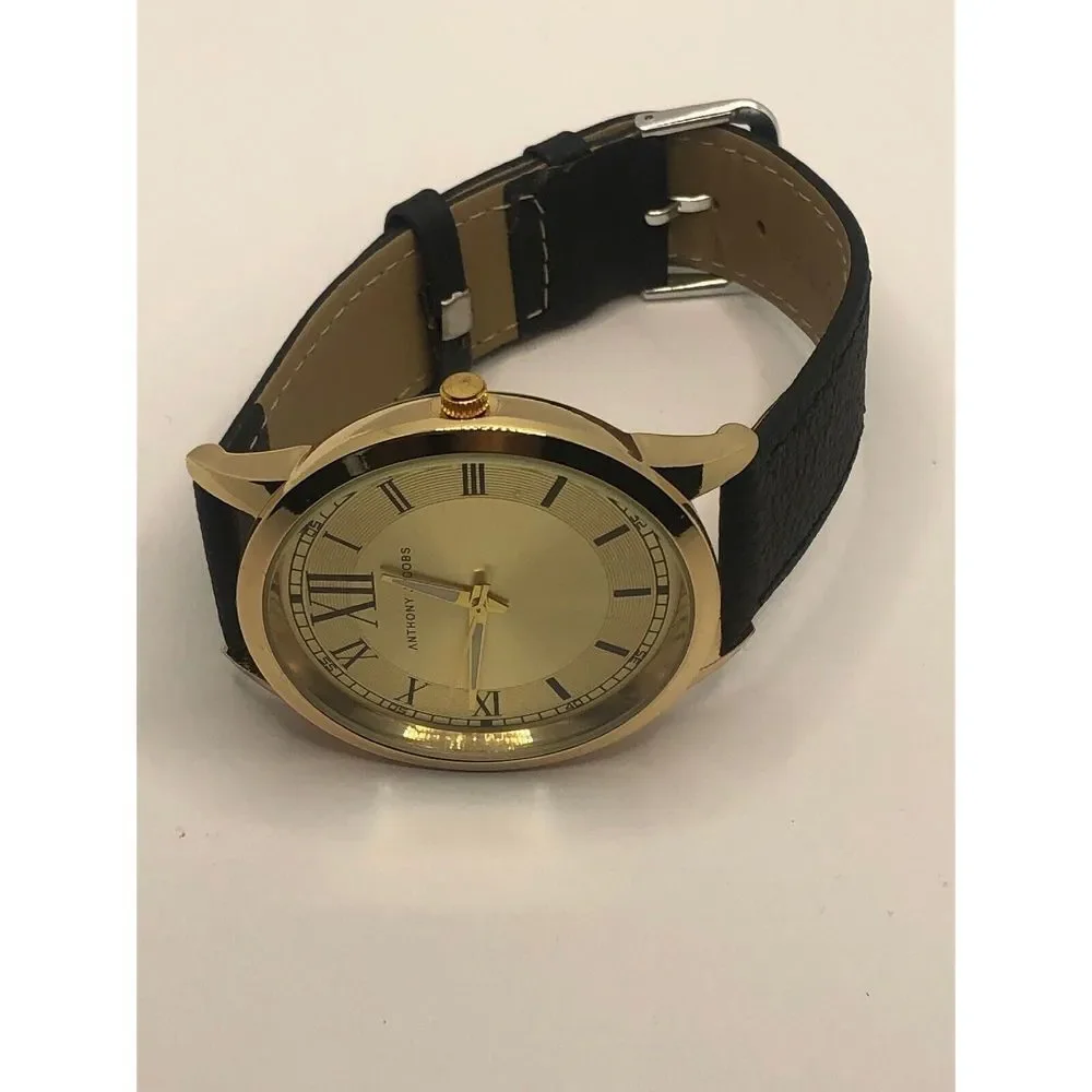 Anthony Jacobs Unisex Black Leather Analog Gold Dial Quartz Genuine Watch OP9